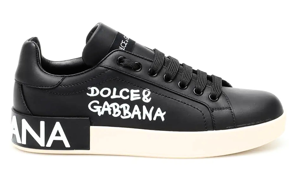 DOLCE & GABBANA Logo Print Leather Lace-up Trainers In Black - ARABIA LUXURY