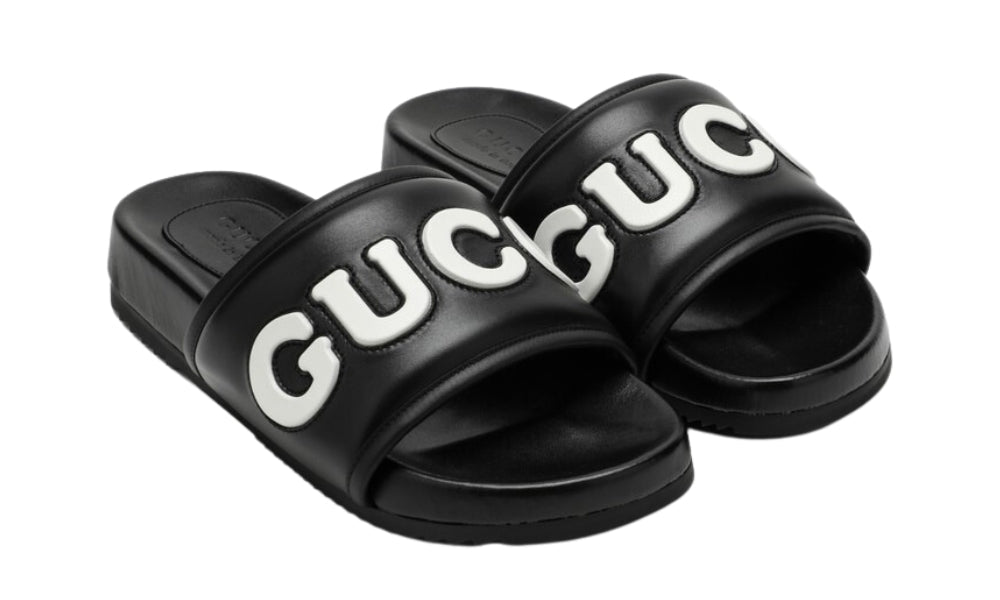 Gucci Black Leather Slide With Logo - ARABIA LUXURY