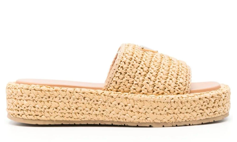 Prada logo-plaque crochet sandals 'Beige' - ARABIA LUXURY