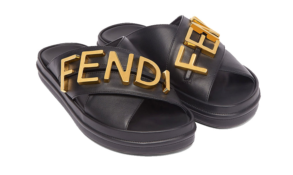 Fendigraphy Black leather slides - ARABIA LUXURY