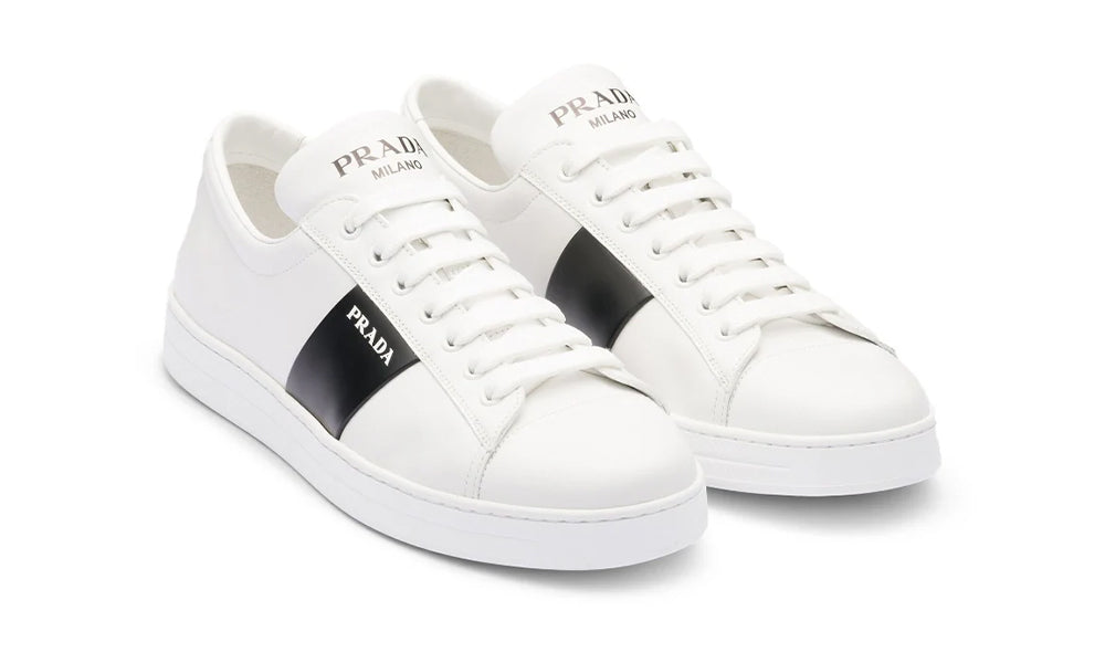 Prada brushed leather sneakers 'White Black' - ARABIA LUXURY