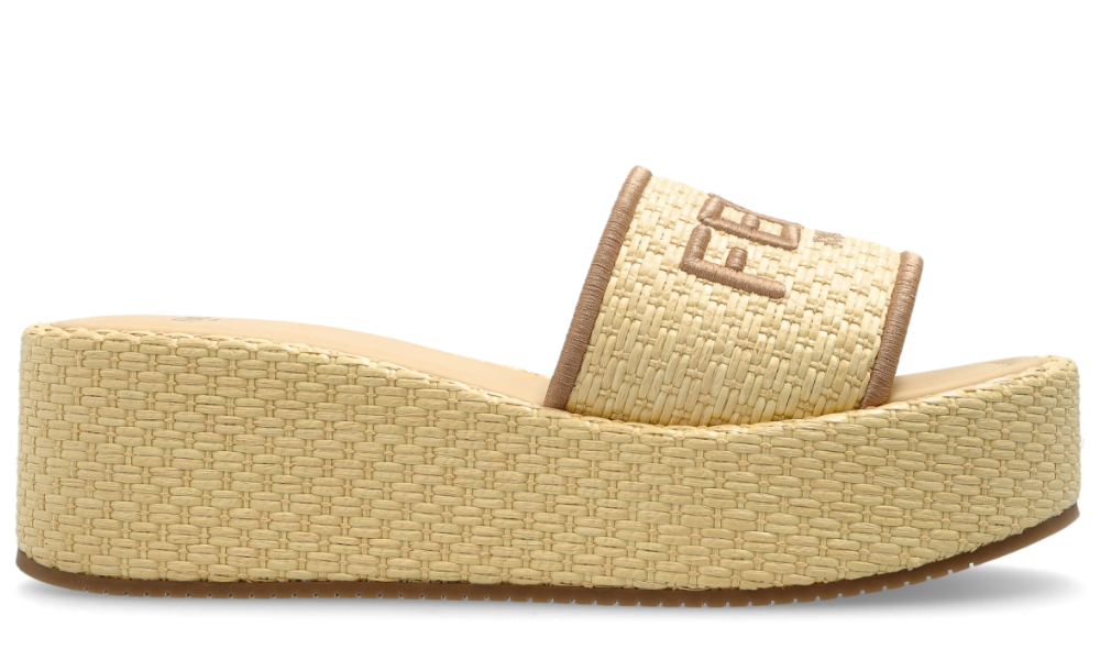 Fendi Sunshine Beige Raffia Flatform Slides -