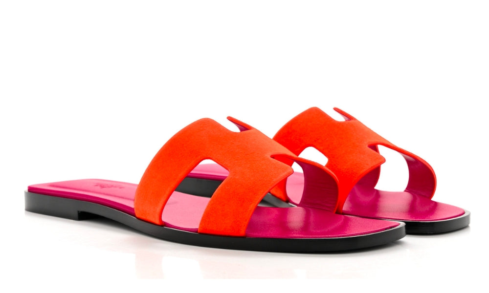 HERMES Suede Goatskin Oran Sandals 40 Orange Synthetique - ARABIA LUXURY