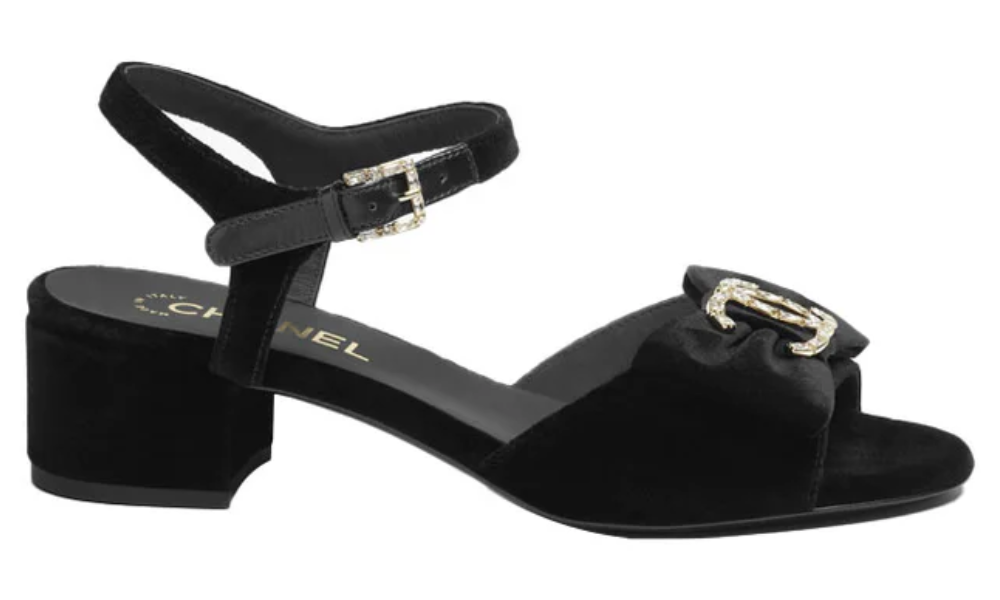 Chanel Sandals Velvet  Strass Metal "Black" - 