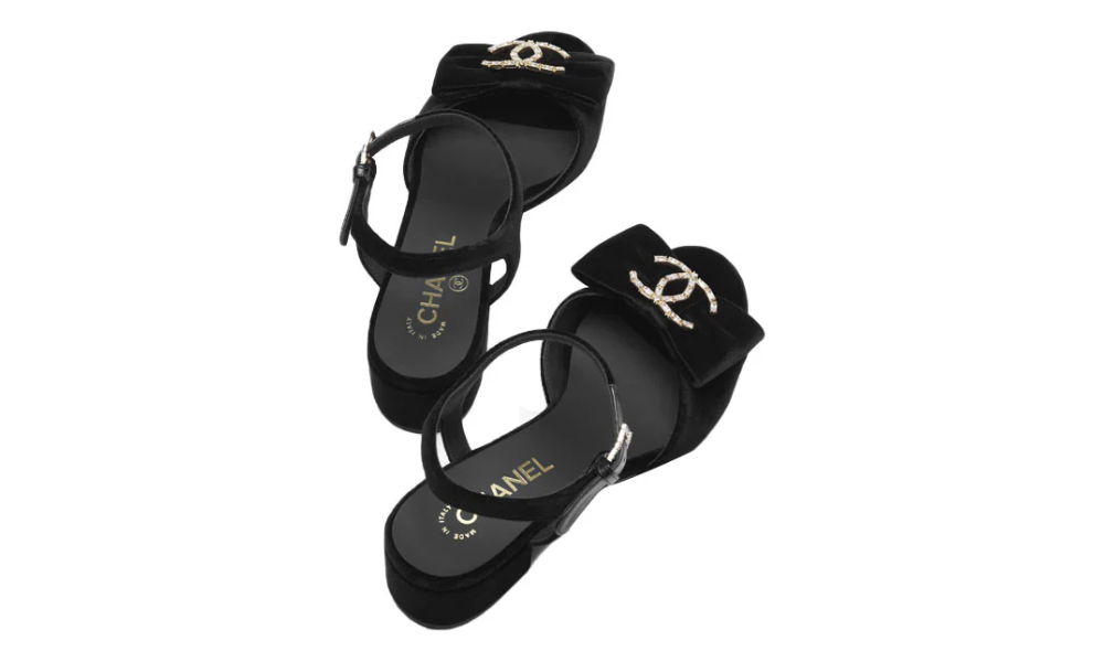 Chanel Sandals Velvet  Strass Metal "Black" - 