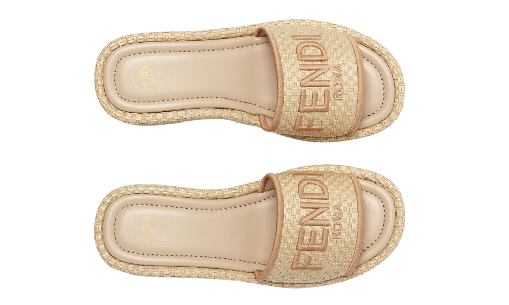 Fendi Sunshine Beige Raffia Flatform Slides -