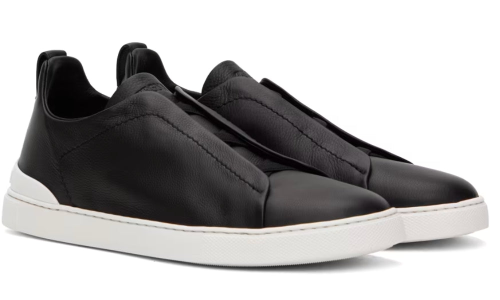 ZEGNA Black Leather Triple Stitch Sneakers - ARABIA LUXURY