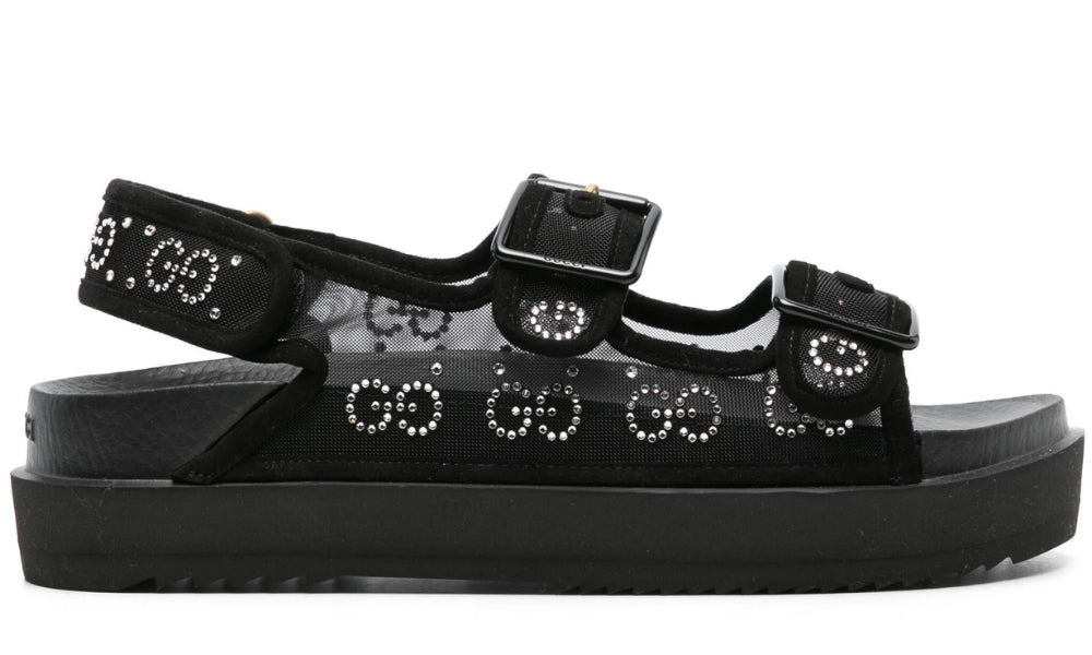 Gucci crystal-embellished monogram-pattern sandals "Black" - ARABIA LUXURY