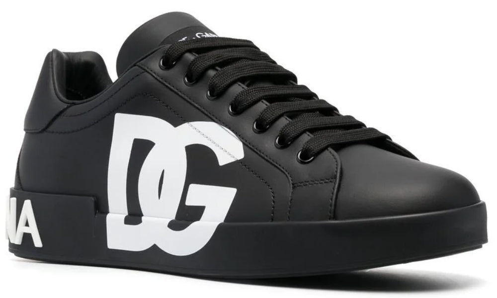 DOLCE & GABBANA Logo Print Leather Lace-up Trainers In Black - ARABIA LUXURY