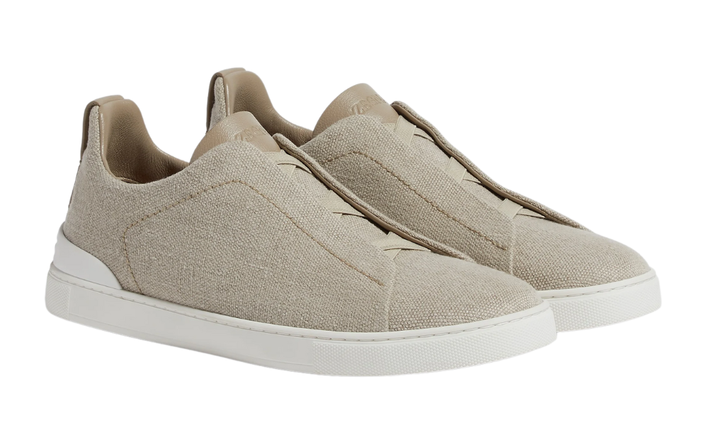 Zegna Light Beige Cotton Linen and Leather Triple Stitch Sneakers -