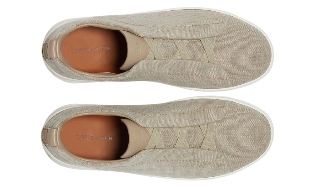 Zegna Light Beige Cotton Linen and Leather Triple Stitch Sneakers -