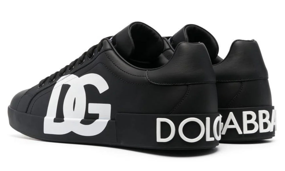 DOLCE & GABBANA Logo Print Leather Lace-up Trainers In Black - ARABIA LUXURY