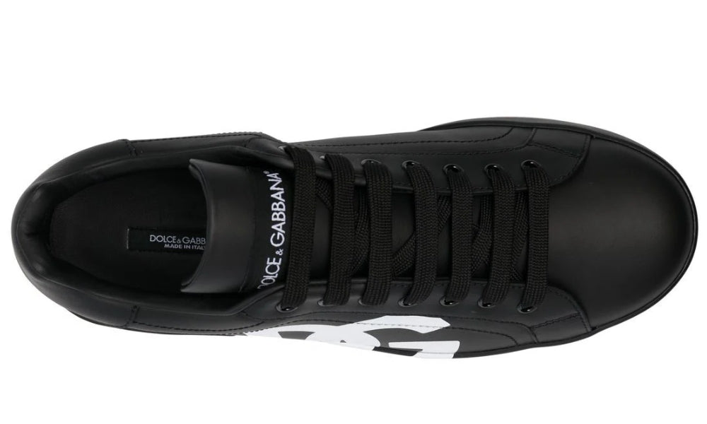 DOLCE & GABBANA Logo Print Leather Lace-up Trainers In Black - ARABIA LUXURY