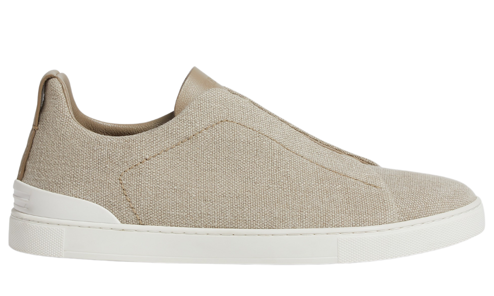 Zegna Light Beige Cotton Linen and Leather Triple Stitch Sneakers -