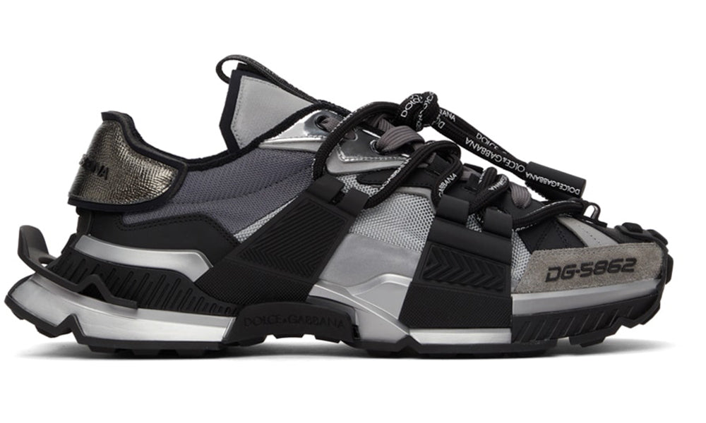 DOLCE & GABBANA Black & Silver Mixed-Materials Space Sneakers - ARABIA LUXURY