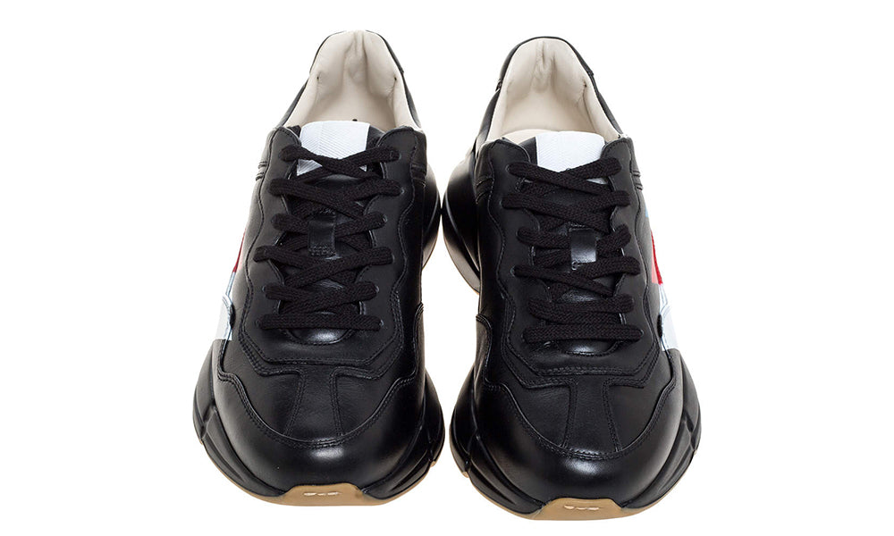 Gucci Black Leather Web Rhyton Low Top Sneakers - ARABIA LUXURY